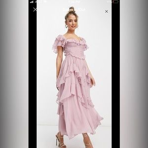 ASOS DESIGN flutter sleeve ruched corset detail tiered midi dress in mauve